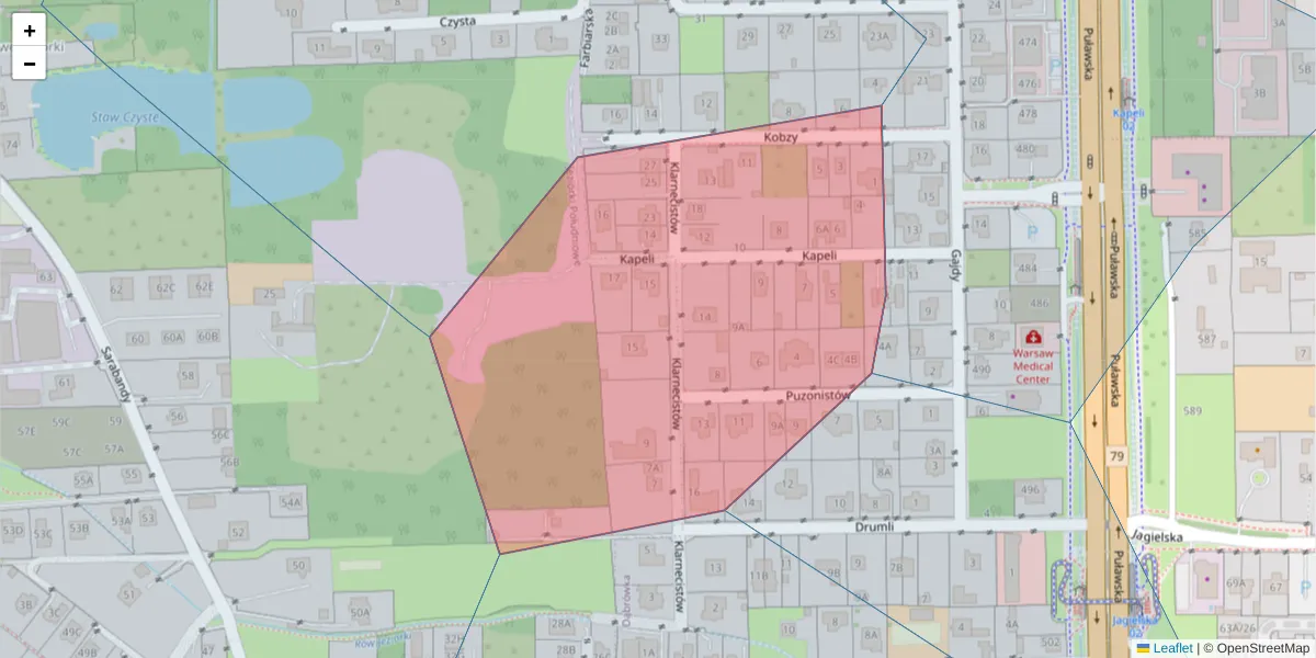 Szczegółowa mapa kodu pocztowego 02-876 z granicami, sąsiednimi kodami pocztowymi i urzędami pocztowymi