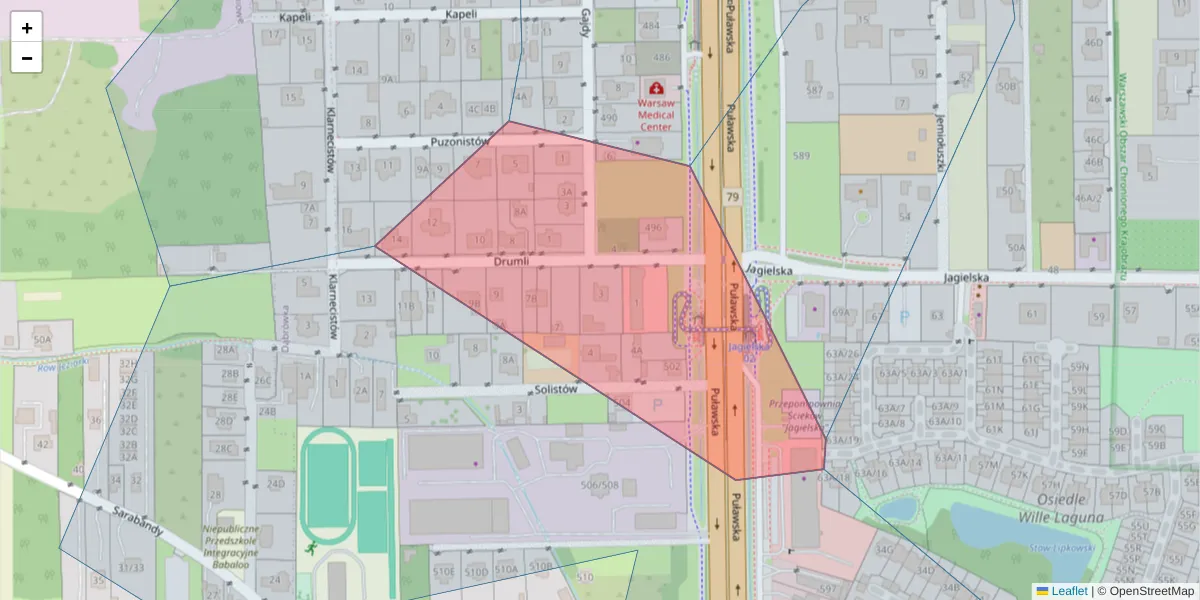 Szczegółowa mapa kodu pocztowego 02-877 z granicami, sąsiednimi kodami pocztowymi i urzędami pocztowymi