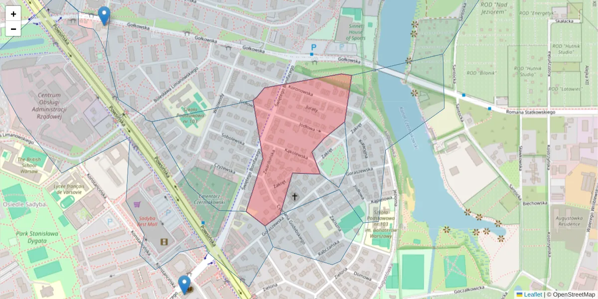 Szczegółowa mapa kodu pocztowego 02-907 z granicami, sąsiednimi kodami pocztowymi i urzędami pocztowymi