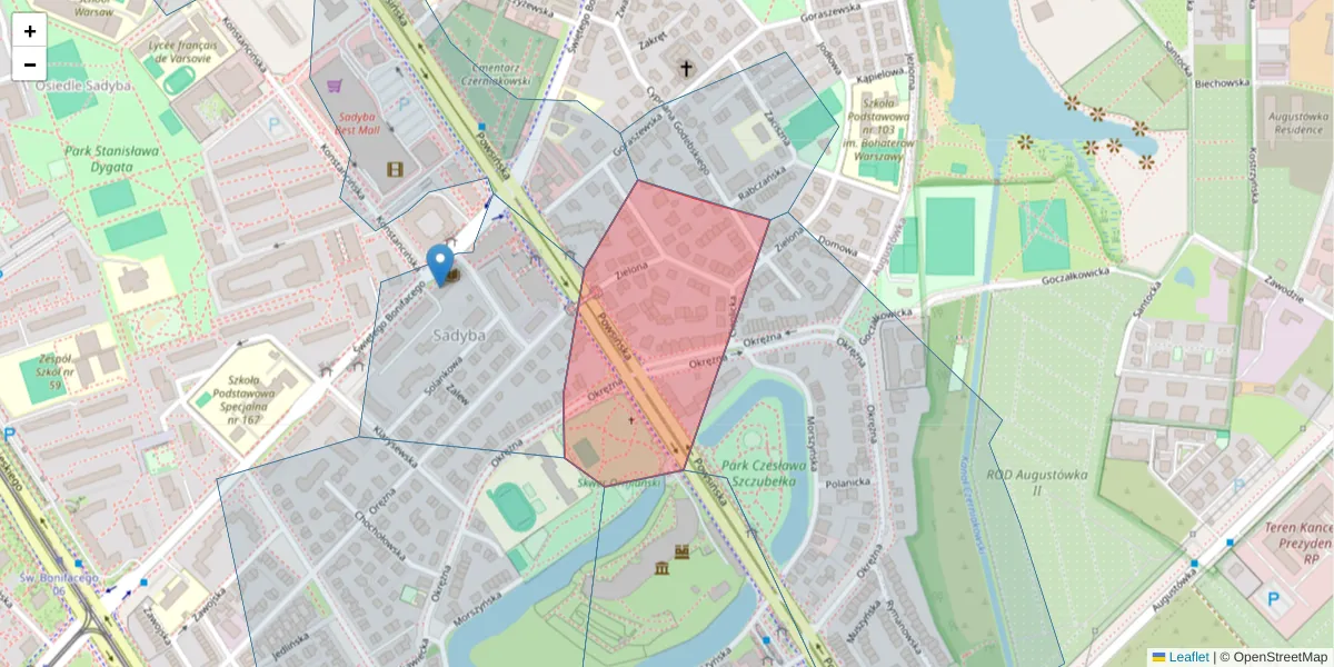 Szczegółowa mapa kodu pocztowego 02-913 z granicami, sąsiednimi kodami pocztowymi i urzędami pocztowymi