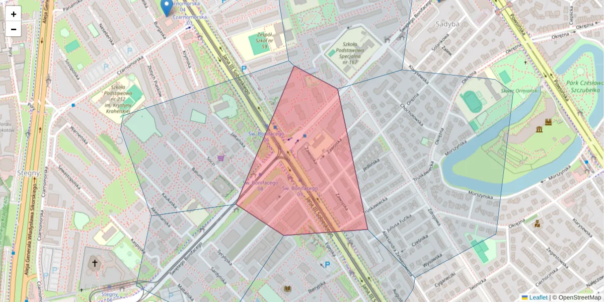 Szczegółowa mapa kodu pocztowego 02-936 z granicami, sąsiednimi kodami pocztowymi i urzędami pocztowymi