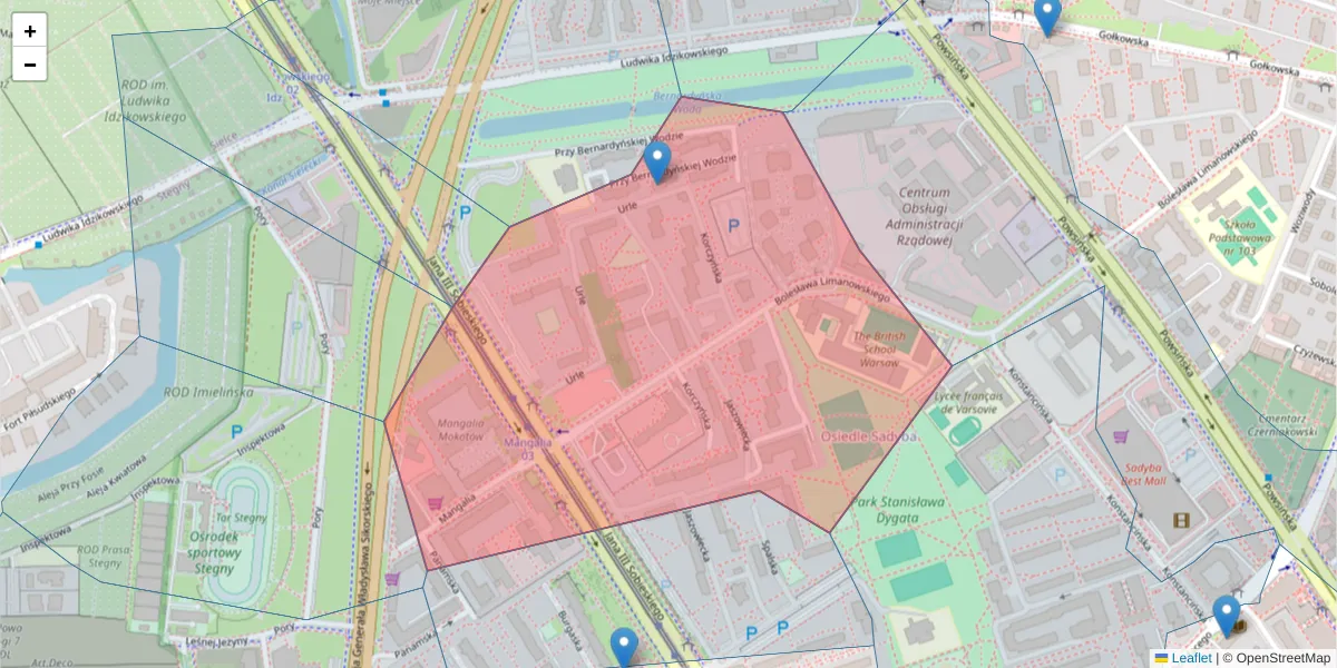 Szczegółowa mapa kodu pocztowego 02-943 z granicami, sąsiednimi kodami pocztowymi i urzędami pocztowymi