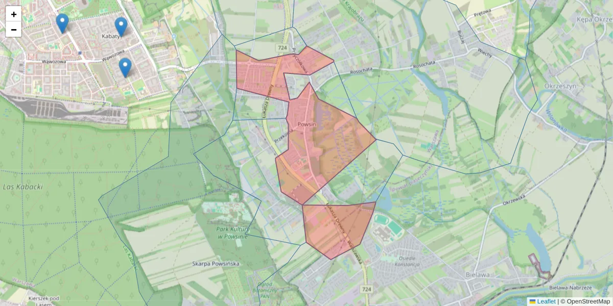 Szczegółowa mapa kodu pocztowego 02-968 z granicami, sąsiednimi kodami pocztowymi i urzędami pocztowymi