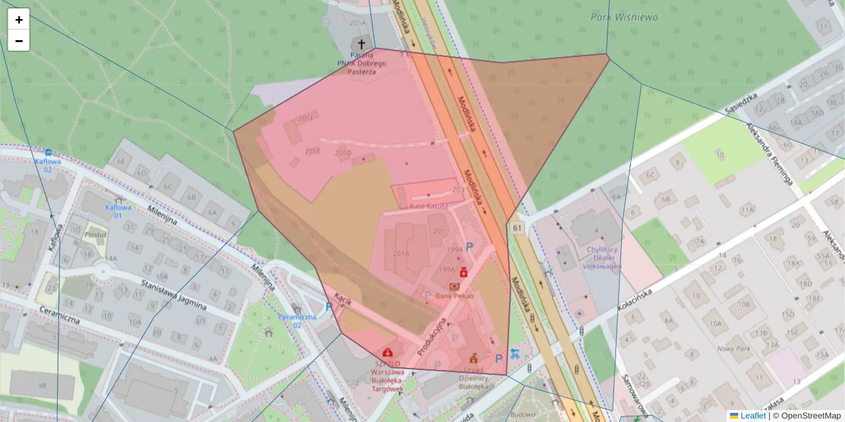 Szczegółowa mapa kodu pocztowego 03-122 z granicami, sąsiednimi kodami pocztowymi i urzędami pocztowymi