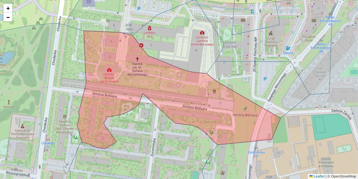 Szczegółowa mapa kodu pocztowego 03-340 z granicami, sąsiednimi kodami pocztowymi i urzędami pocztowymi