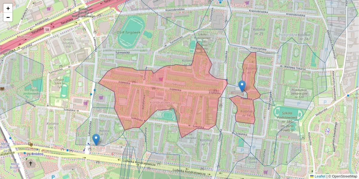 Szczegółowa mapa kodu pocztowego 03-392 z granicami, sąsiednimi kodami pocztowymi i urzędami pocztowymi
