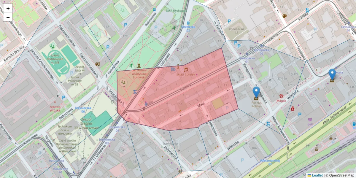 Szczegółowa mapa kodu pocztowego 03-423 z granicami, sąsiednimi kodami pocztowymi i urzędami pocztowymi