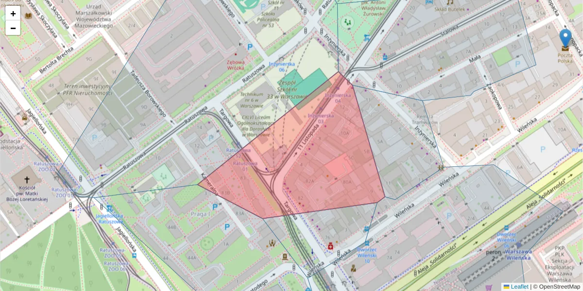 Szczegółowa mapa kodu pocztowego 03-448 z granicami, sąsiednimi kodami pocztowymi i urzędami pocztowymi