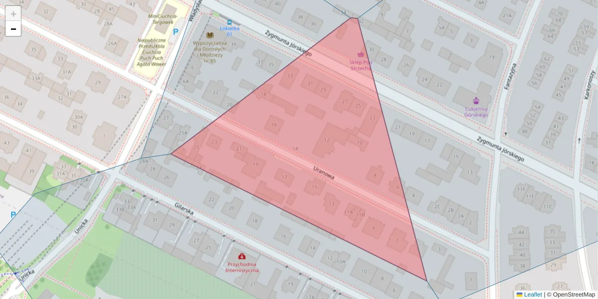 Szczegółowa mapa kodu pocztowego 03-586 z granicami, sąsiednimi kodami pocztowymi i urzędami pocztowymi