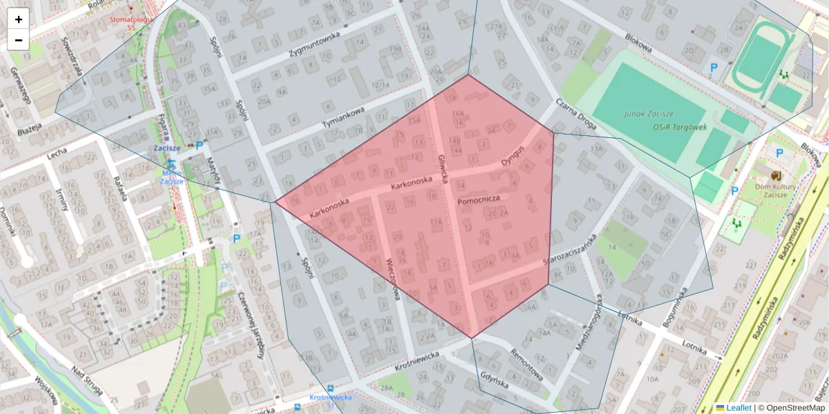 Szczegółowa mapa kodu pocztowego 03-608 z granicami, sąsiednimi kodami pocztowymi i urzędami pocztowymi