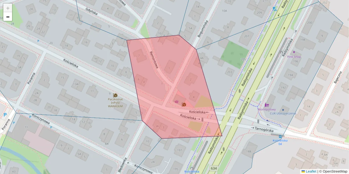 Szczegółowa mapa kodu pocztowego 03-616 z granicami, sąsiednimi kodami pocztowymi i urzędami pocztowymi