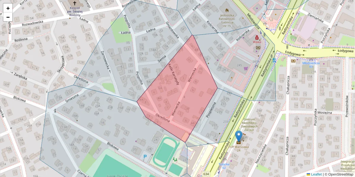 Szczegółowa mapa kodu pocztowego 03-634 z granicami, sąsiednimi kodami pocztowymi i urzędami pocztowymi
