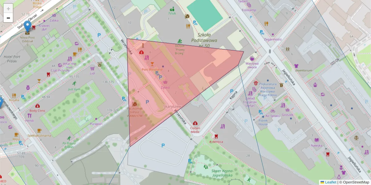 Szczegółowa mapa kodu pocztowego 03-713 z granicami, sąsiednimi kodami pocztowymi i urzędami pocztowymi