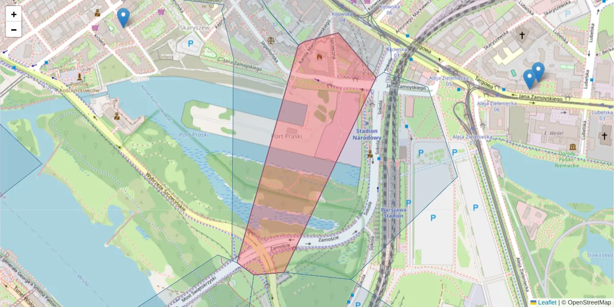 Szczegółowa mapa kodu pocztowego 03-722 z granicami, sąsiednimi kodami pocztowymi i urzędami pocztowymi