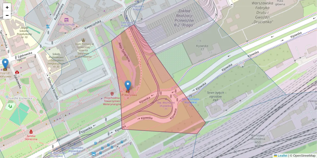 Szczegółowa mapa kodu pocztowego 03-740 z granicami, sąsiednimi kodami pocztowymi i urzędami pocztowymi