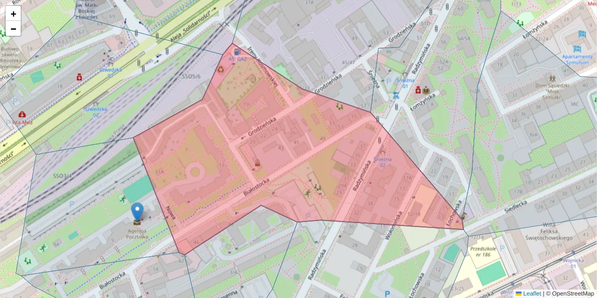 Szczegółowa mapa kodu pocztowego 03-748 z granicami, sąsiednimi kodami pocztowymi i urzędami pocztowymi