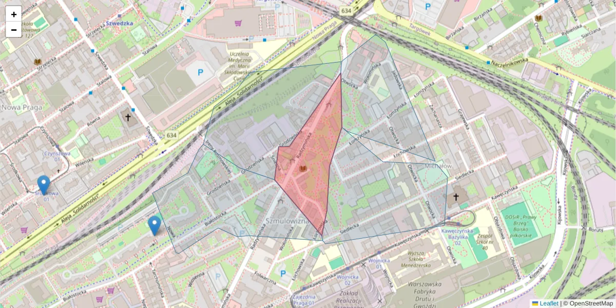 Szczegółowa mapa kodu pocztowego 03-751 z granicami, sąsiednimi kodami pocztowymi i urzędami pocztowymi