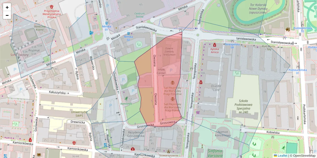 Szczegółowa mapa kodu pocztowego 03-825 z granicami, sąsiednimi kodami pocztowymi i urzędami pocztowymi
