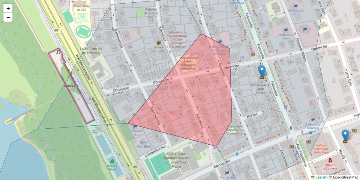 Szczegółowa mapa kodu pocztowego 03-933 z granicami, sąsiednimi kodami pocztowymi i urzędami pocztowymi