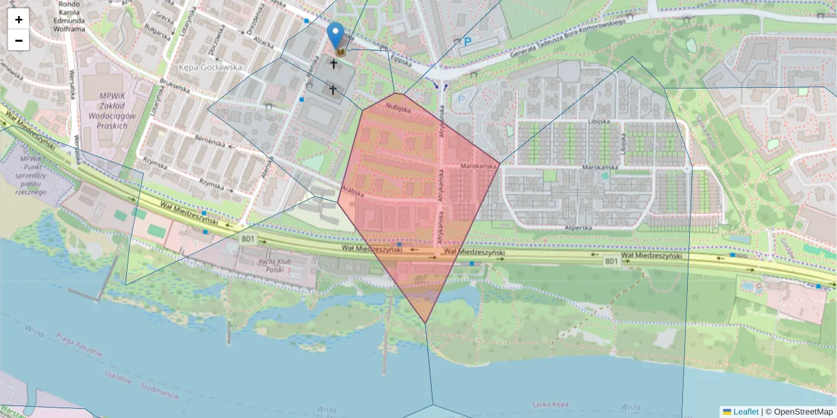 Szczegółowa mapa kodu pocztowego 03-966 z granicami, sąsiednimi kodami pocztowymi i urzędami pocztowymi
