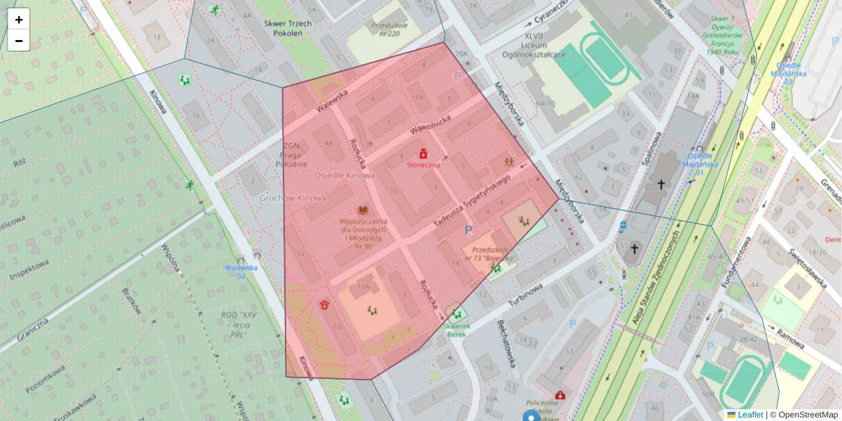Szczegółowa mapa kodu pocztowego 04-020 z granicami, sąsiednimi kodami pocztowymi i urzędami pocztowymi