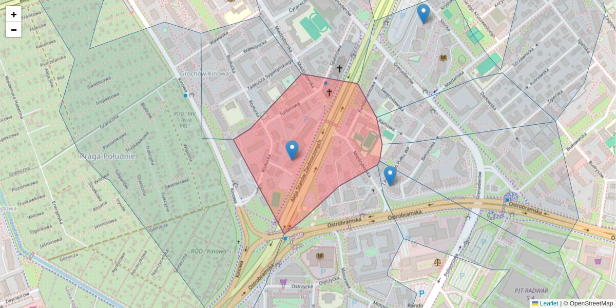 Szczegółowa mapa kodu pocztowego 04-028 z granicami, sąsiednimi kodami pocztowymi i urzędami pocztowymi