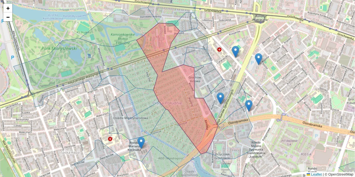 Szczegółowa mapa kodu pocztowego 04-030 z granicami, sąsiednimi kodami pocztowymi i urzędami pocztowymi