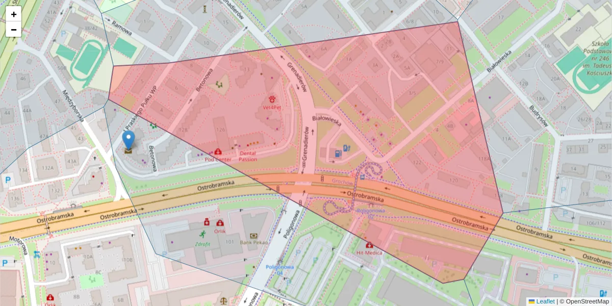 Szczegółowa mapa kodu pocztowego 04-052 z granicami, sąsiednimi kodami pocztowymi i urzędami pocztowymi