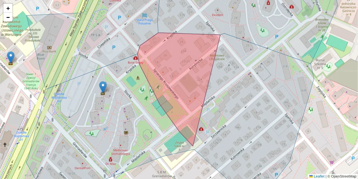 Szczegółowa mapa kodu pocztowego 04-085 z granicami, sąsiednimi kodami pocztowymi i urzędami pocztowymi