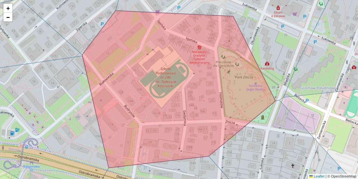 Szczegółowa mapa kodu pocztowego 04-116 z granicami, sąsiednimi kodami pocztowymi i urzędami pocztowymi