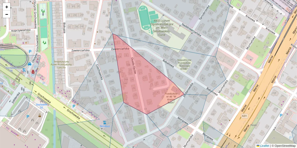 Szczegółowa mapa kodu pocztowego 04-223 z granicami, sąsiednimi kodami pocztowymi i urzędami pocztowymi