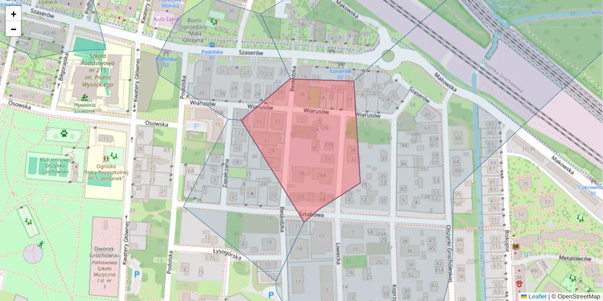 Szczegółowa mapa kodu pocztowego 04-287 z granicami, sąsiednimi kodami pocztowymi i urzędami pocztowymi
