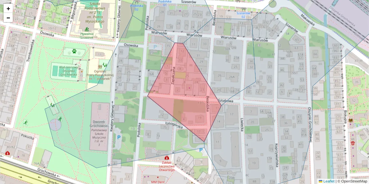 Szczegółowa mapa kodu pocztowego 04-289 z granicami, sąsiednimi kodami pocztowymi i urzędami pocztowymi