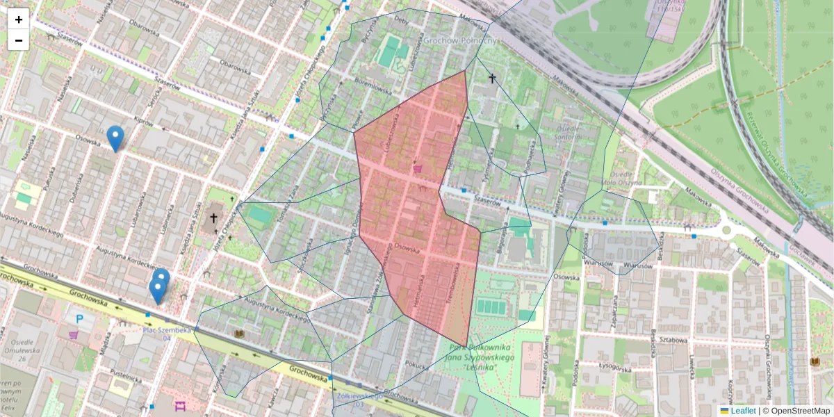Szczegółowa mapa kodu pocztowego 04-305 z granicami, sąsiednimi kodami pocztowymi i urzędami pocztowymi