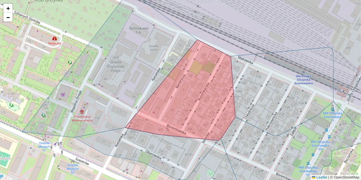 Szczegółowa mapa kodu pocztowego 04-338 z granicami, sąsiednimi kodami pocztowymi i urzędami pocztowymi