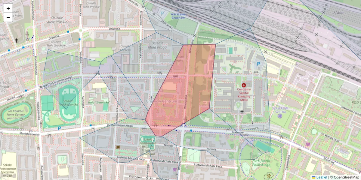 Szczegółowa mapa kodu pocztowego 04-384 z granicami, sąsiednimi kodami pocztowymi i urzędami pocztowymi