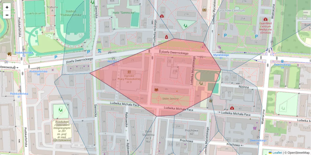 Szczegółowa mapa kodu pocztowego 04-386 z granicami, sąsiednimi kodami pocztowymi i urzędami pocztowymi