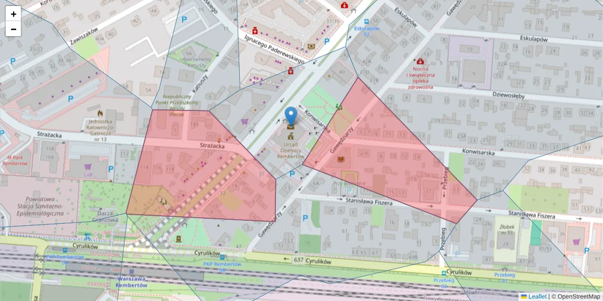 Szczegółowa mapa kodu pocztowego 04-401 z granicami, sąsiednimi kodami pocztowymi i urzędami pocztowymi