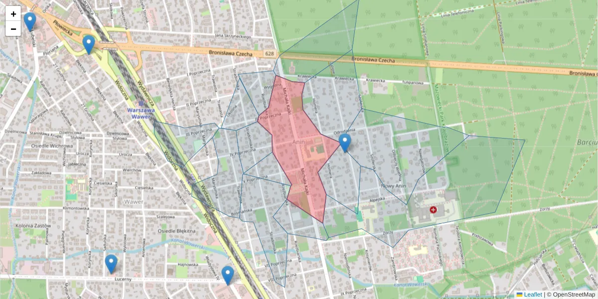 Szczegółowa mapa kodu pocztowego 04-621 z granicami, sąsiednimi kodami pocztowymi i urzędami pocztowymi
