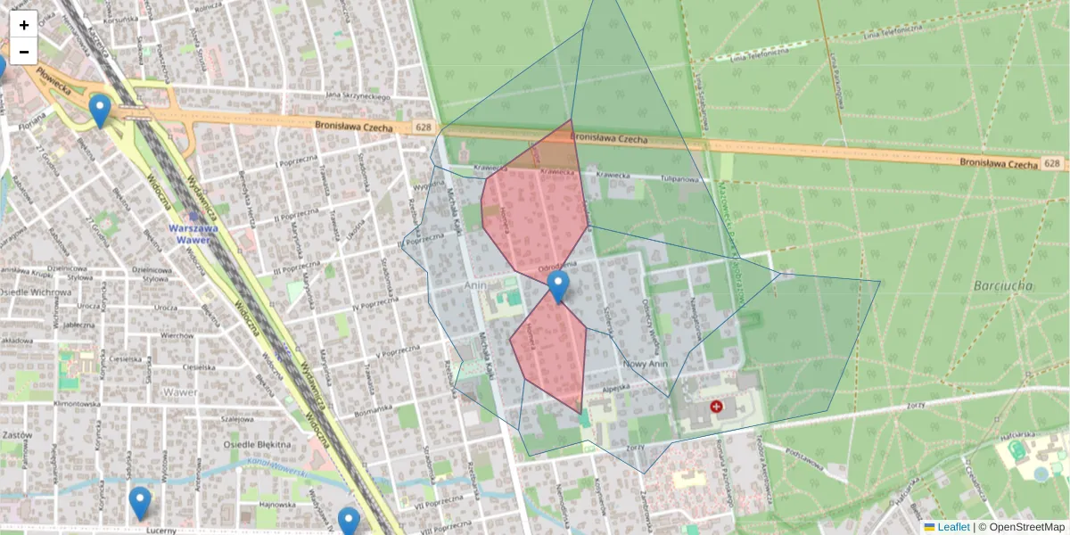 Szczegółowa mapa kodu pocztowego 04-624 z granicami, sąsiednimi kodami pocztowymi i urzędami pocztowymi