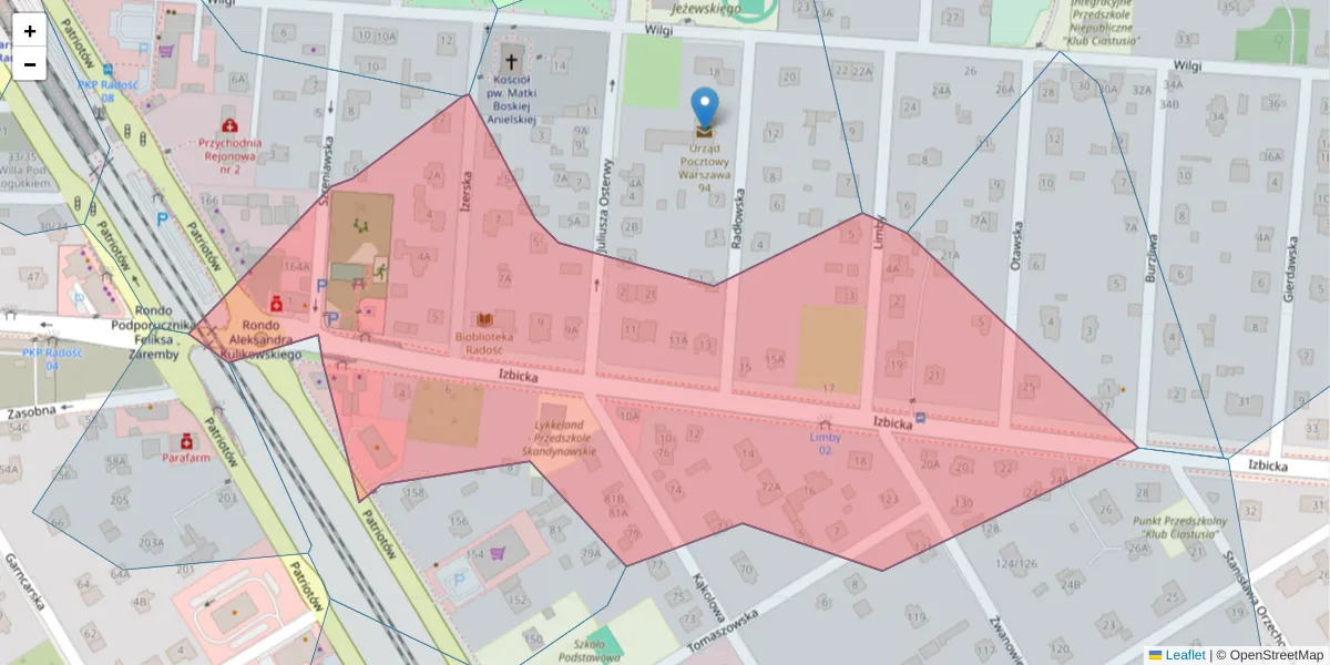 Szczegółowa mapa kodu pocztowego 04-838 z granicami, sąsiednimi kodami pocztowymi i urzędami pocztowymi