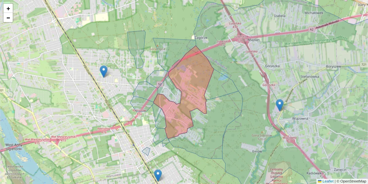 Szczegółowa mapa kodu pocztowego 04-965 z granicami, sąsiednimi kodami pocztowymi i urzędami pocztowymi