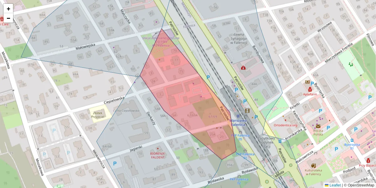 Szczegółowa mapa kodu pocztowego 04-966 z granicami, sąsiednimi kodami pocztowymi i urzędami pocztowymi
