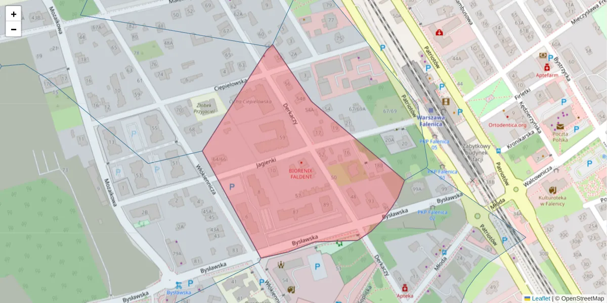 Szczegółowa mapa kodu pocztowego 04-969 z granicami, sąsiednimi kodami pocztowymi i urzędami pocztowymi