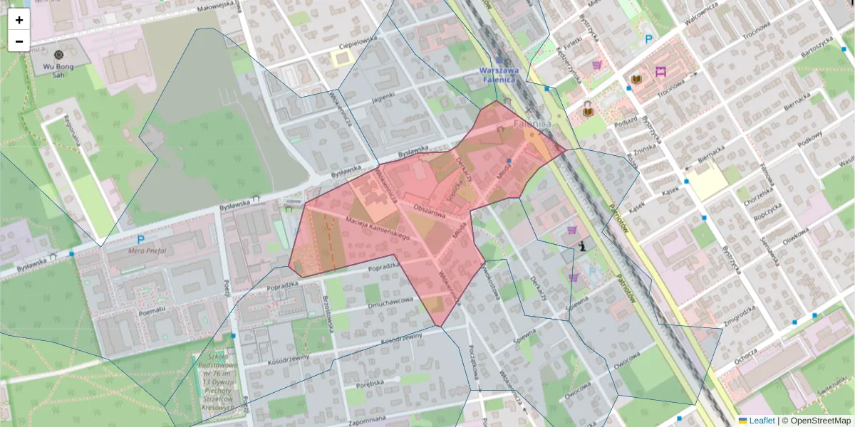Szczegółowa mapa kodu pocztowego 04-975 z granicami, sąsiednimi kodami pocztowymi i urzędami pocztowymi