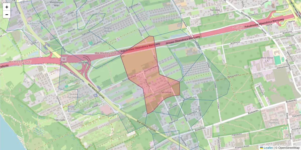 Szczegółowa mapa kodu pocztowego 04-990 z granicami, sąsiednimi kodami pocztowymi i urzędami pocztowymi