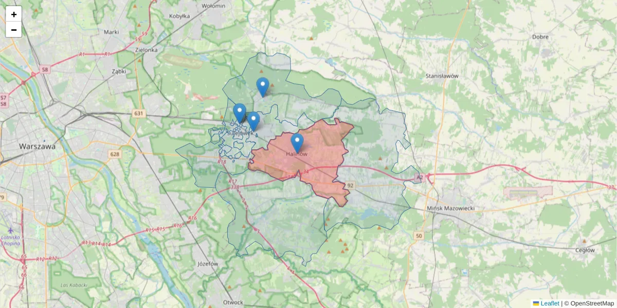 Szczegółowa mapa kodu pocztowego 05-074 z granicami, sąsiednimi kodami pocztowymi i urzędami pocztowymi
