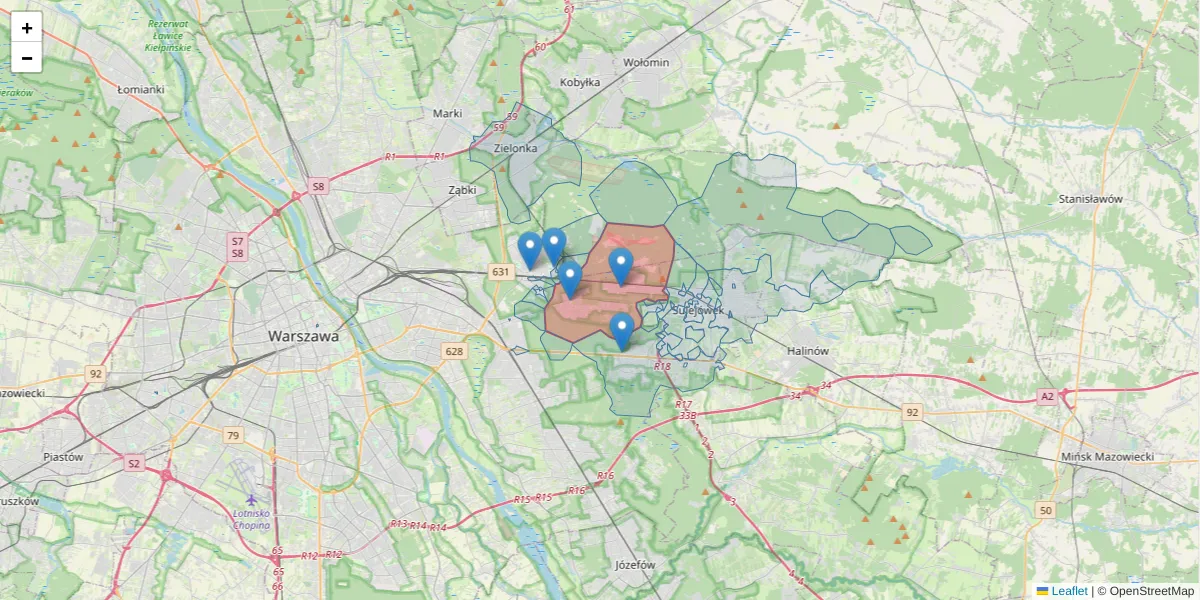Szczegółowa mapa kodu pocztowego 05-075 z granicami, sąsiednimi kodami pocztowymi i urzędami pocztowymi