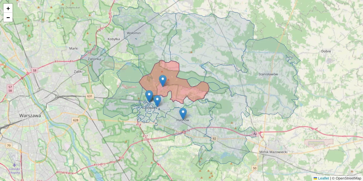 Szczegółowa mapa kodu pocztowego 05-079 z granicami, sąsiednimi kodami pocztowymi i urzędami pocztowymi