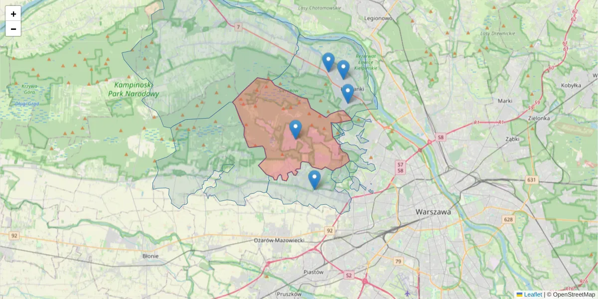 Szczegółowa mapa kodu pocztowego 05-080 z granicami, sąsiednimi kodami pocztowymi i urzędami pocztowymi